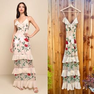 Lulu's Blush Floral Embroidered Maxi Dress with Red & Green Accents
